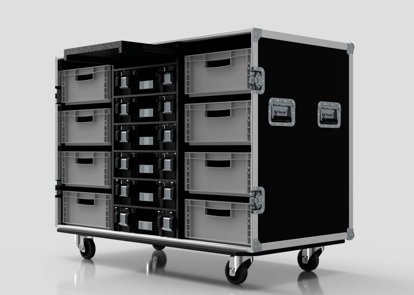 A black and silver rolling storage case with ten gray drawers and metal handles—perfect for organizing 8 Way Euro Crate and 6 Stanley Fatmax Case.