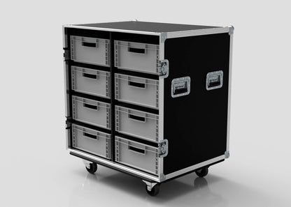 The 8 Way Euro Crate Case is a black and silver storage case with wheels, eight food grade polypropylene drawers, metal corner reinforcements, and side handles, shown against a plain white background.