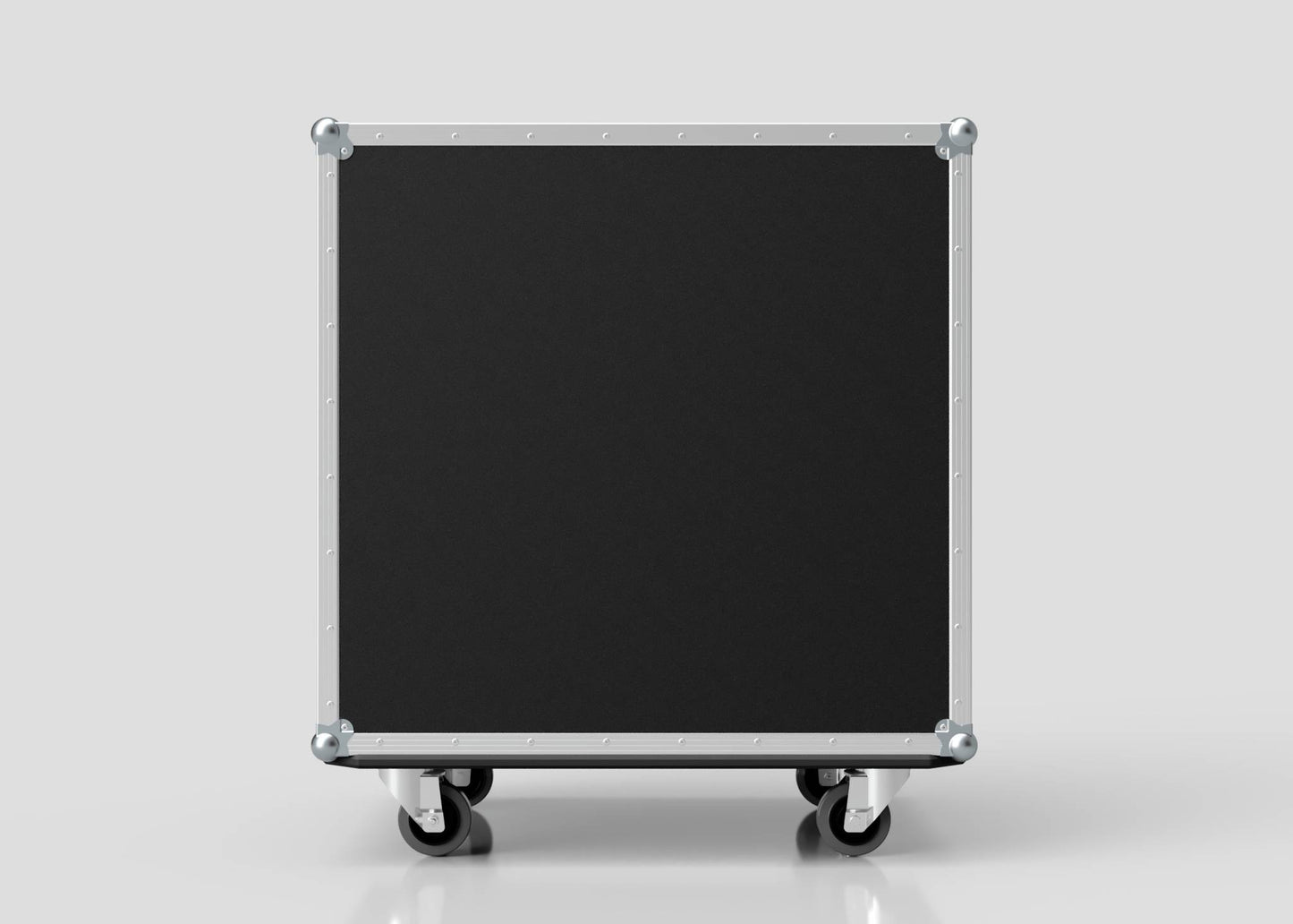 The 8 Way Euro Crate Case is a large, black, rectangular case with metal edges and corners, designed for high load capacity and standing upright on four caster wheels against a plain background.