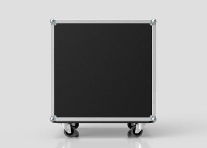 The 8 Way Euro Crate Case is a large, black, rectangular case with metal edges and corners, designed for high load capacity and standing upright on four caster wheels against a plain background.