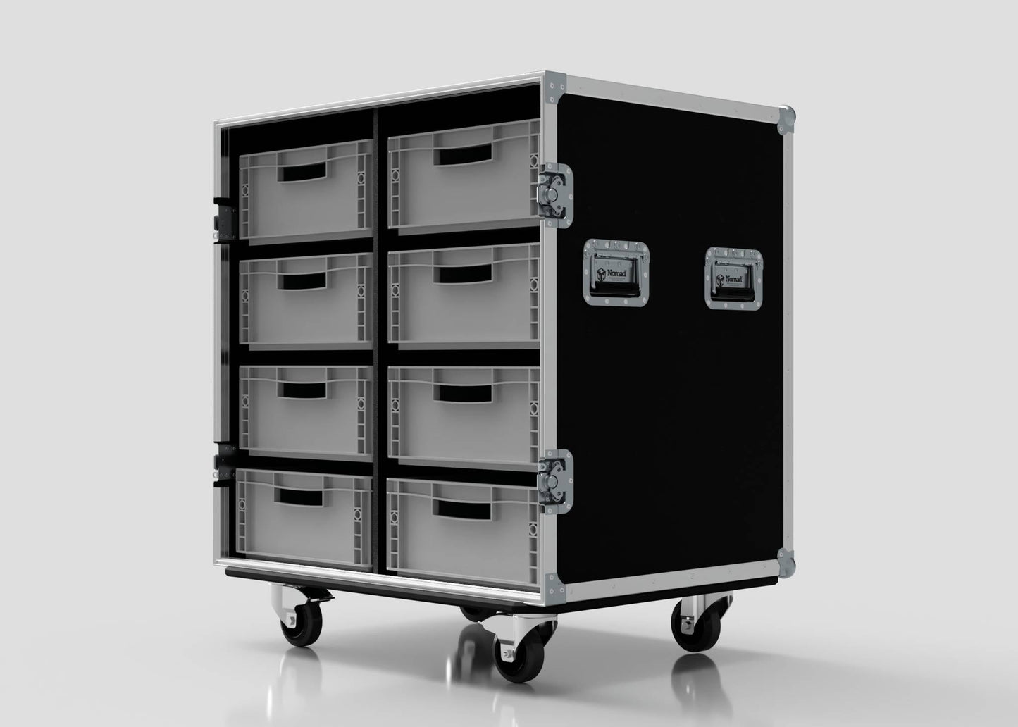The 8 Way Euro Crate Case is a black, wheeled storage case with metal edges and eight gray food-grade polypropylene pull-out drawers, shown against a plain white background.