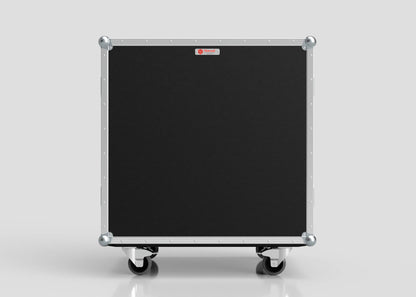 The 8 Way Euro Crate Case is a black, rectangular equipment case with metal edges, corner protectors, and four wheels, designed for high load capacity, shown against a plain light gray background.