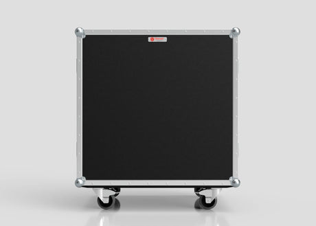 The 8 Way Euro Crate Case is a black, rectangular equipment case with metal edges, corner protectors, and four wheels, designed for high load capacity, shown against a plain light gray background.
