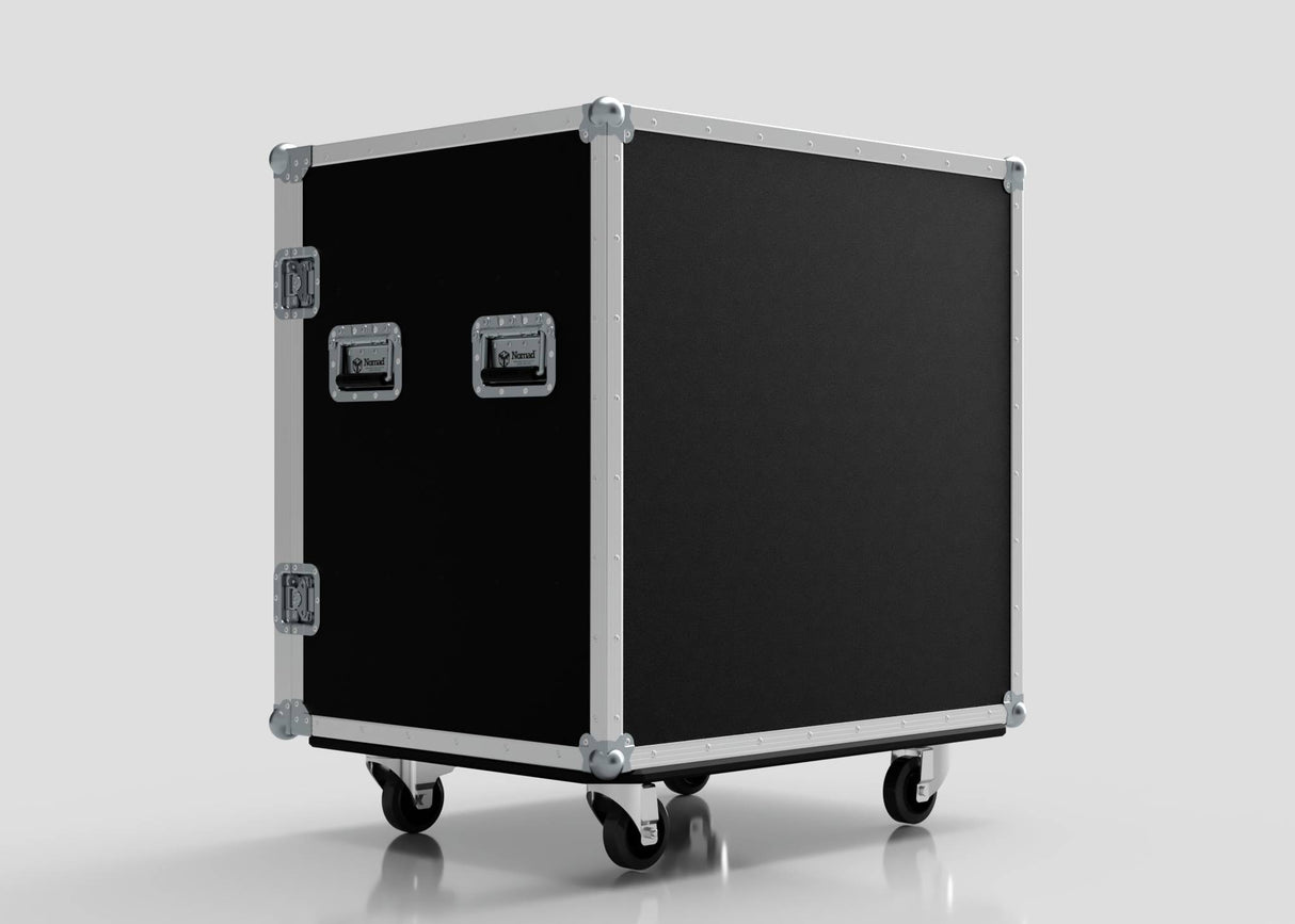 The 8 Way Euro Crate Case is a black rectangular flight case with metal edges, side handles, and caster wheels for high load capacity, ideal for transporting Euro crates, shown here against a plain white background.
