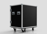 The 8 Way Euro Crate Case is a black rectangular flight case with metal edges, side handles, and caster wheels for high load capacity, ideal for transporting Euro crates, shown here against a plain white background.