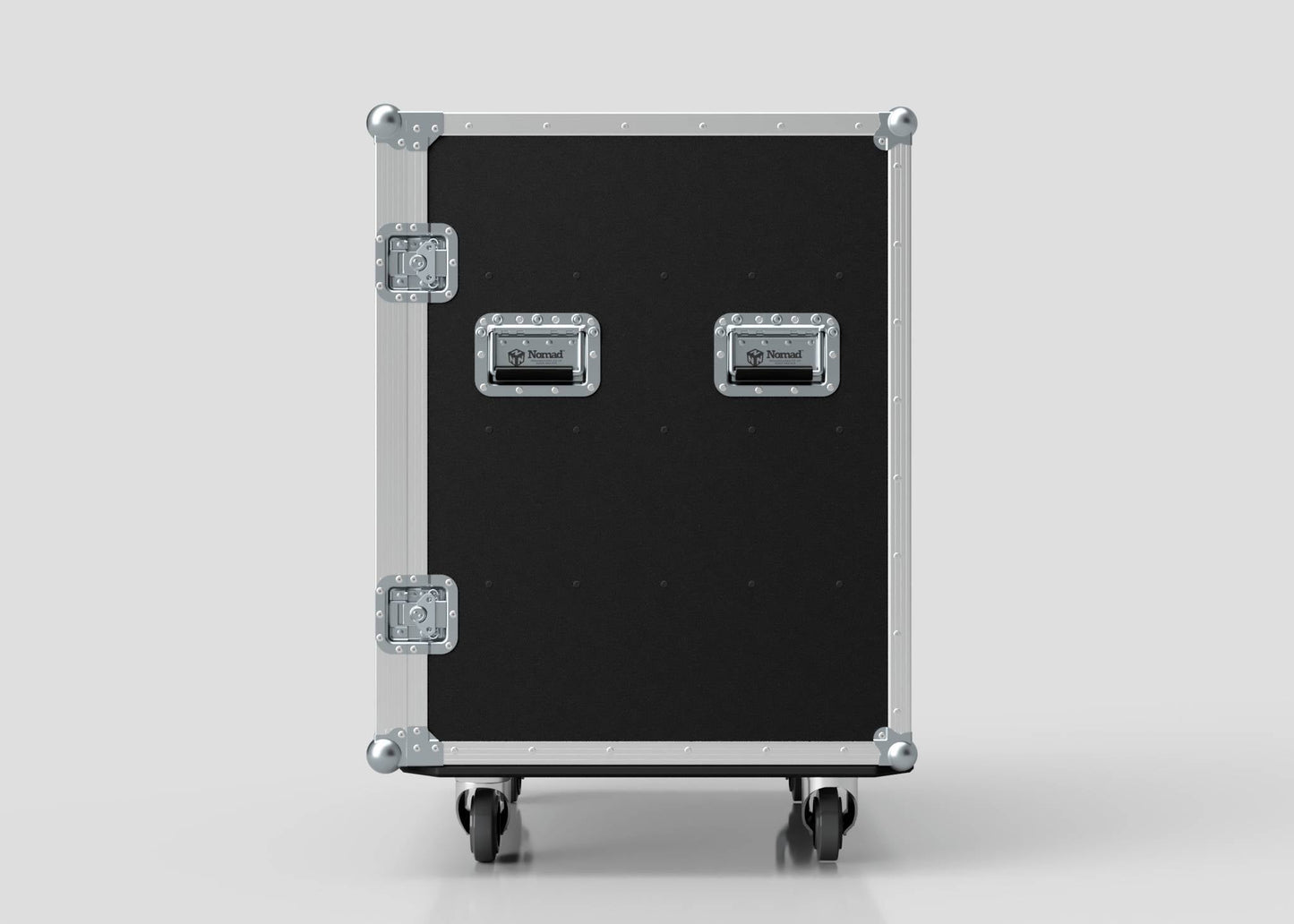 The 8 Way Euro Crate Case is a large black equipment case with metal corners and handles, designed for high load capacity. It stands upright on wheels against a plain white background.