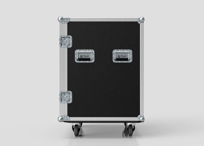 The 8 Way Euro Crate Case is a large black equipment case with metal corners and handles, designed for high load capacity. It stands upright on wheels against a plain white background.