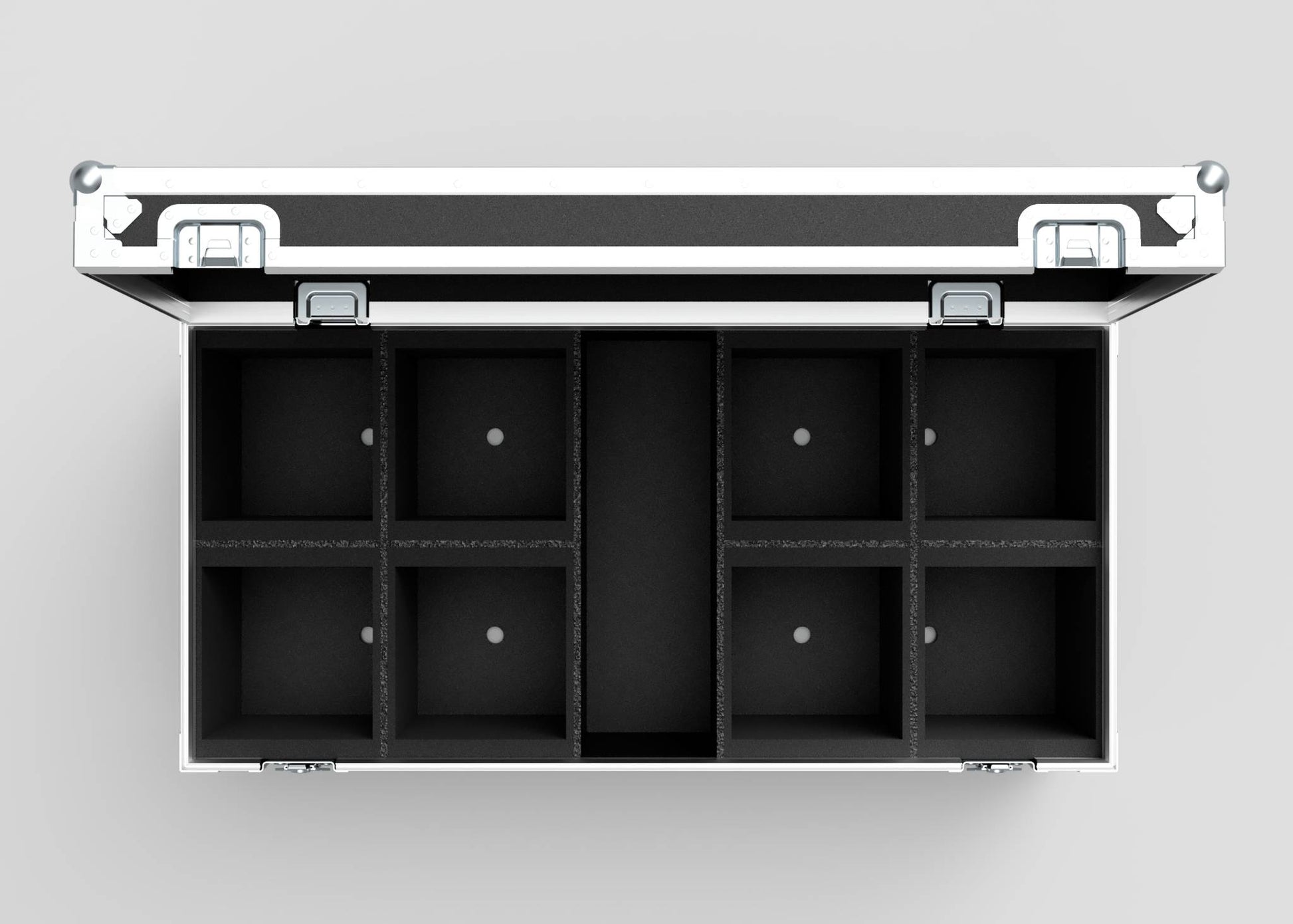 The 8 Way Martin ELP (IP) Par Can Case With Clamps Compartment, shown open with eight empty square compartments from above on a light gray surface, features external dimensions of 1216 x 595 x 606 mm.