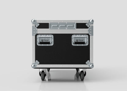 The 8 Way Martin ELP (IP) Par Can Case With Clamps Compartment, a sturdy black and silver rolling equipment case with metal corners and handles (1216 x 595 x 606 mm), is shown against a plain light gray background.