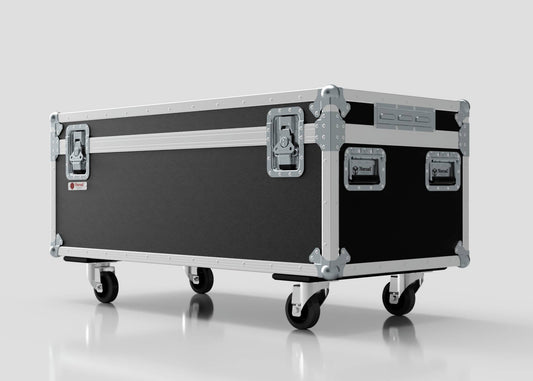The 8 Way Martin ELP (IP) Par Can Case With Clamps Compartment is a large black and silver hard case with metal reinforcements, latches, handles, and four caster wheels. External dimensions: 1216 x 595 x 606 mm for easy sizing.
