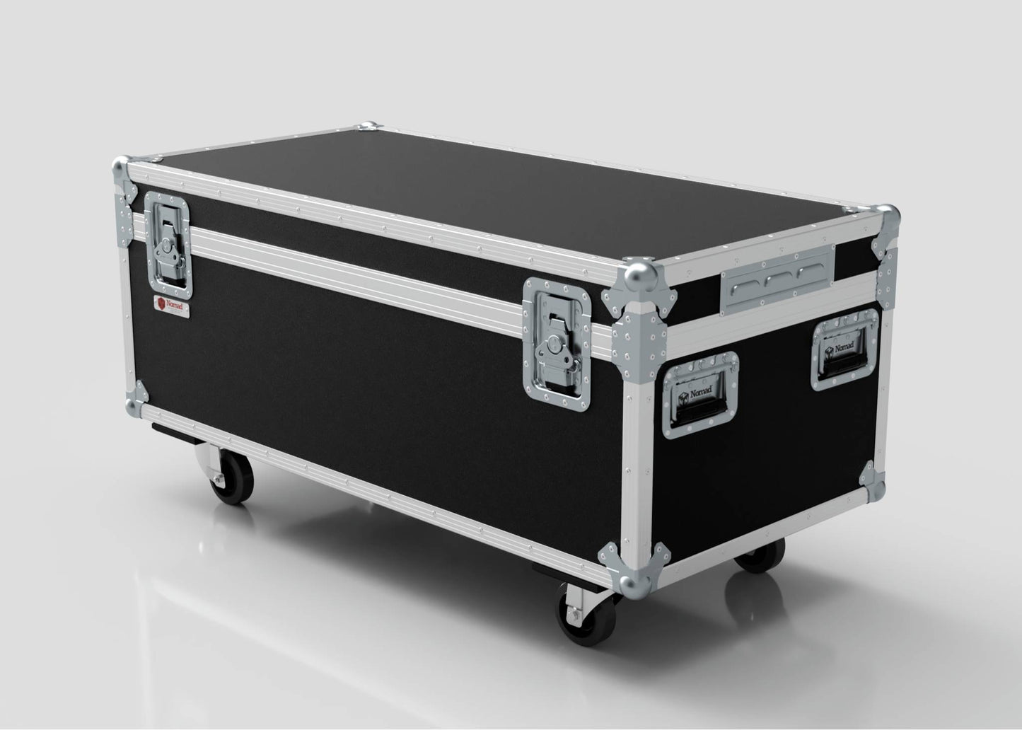 The 8 Way Martin ELP (IP) Par Can Case With Clamps Compartment is a large black and silver flight case with metal edges, handles, latches, and four caster wheels. Its external dimensions are 1216 x 595 x 606 mm.