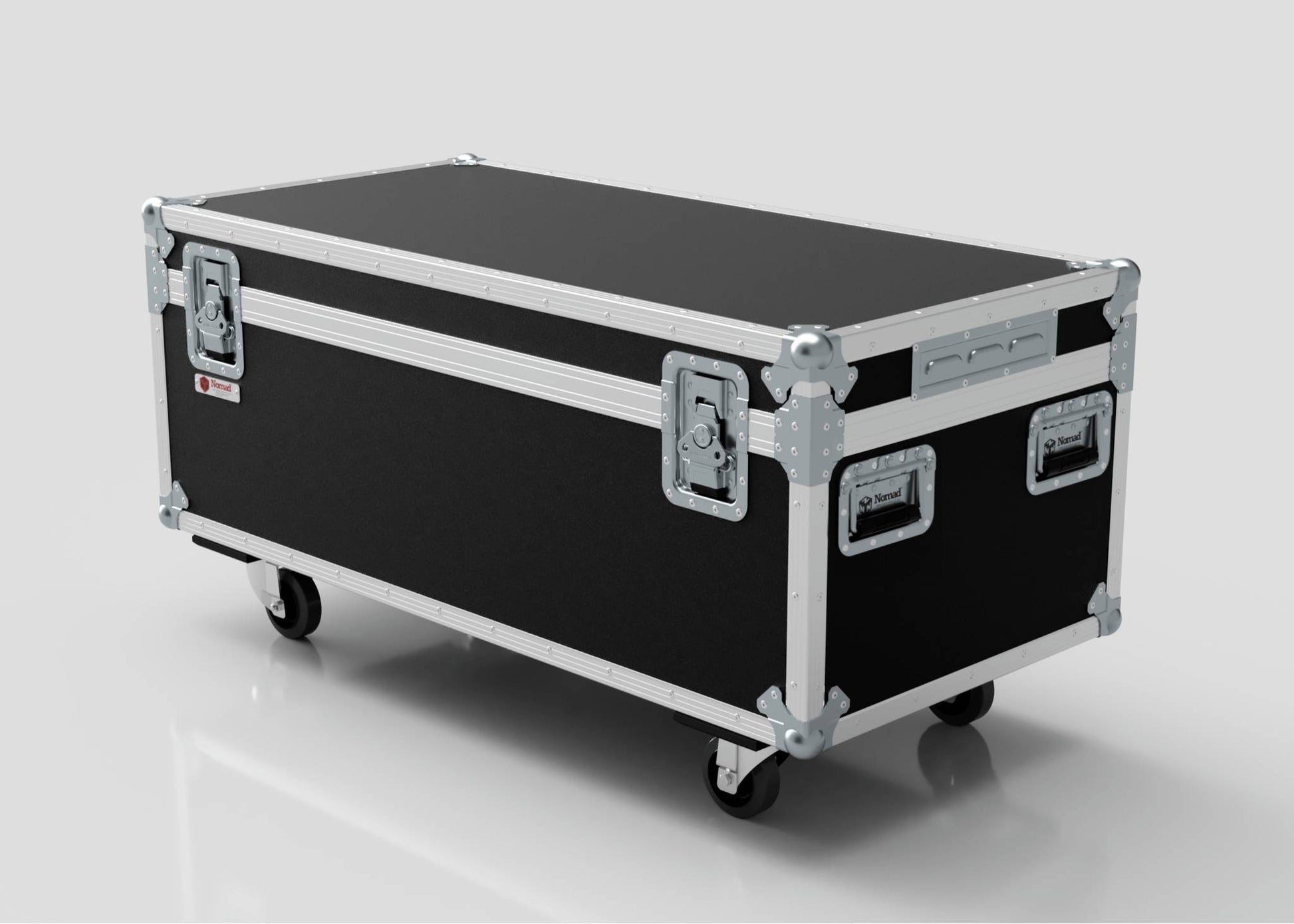 The 8 Way Martin ELP (IP) Par Can Case With Clamps Compartment is a large black and silver flight case with metal edges, handles, latches, and four caster wheels. Its external dimensions are 1216 x 595 x 606 mm.