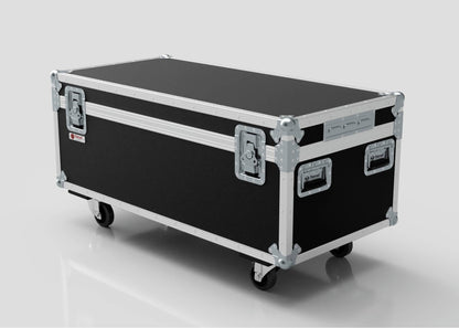 The 8 Way Martin ELP (IP) Par Can Case With Clamps Compartment is a large black and silver flight case with metal edges, handles, latches, and four caster wheels. Its external dimensions are 1216 x 595 x 606 mm.