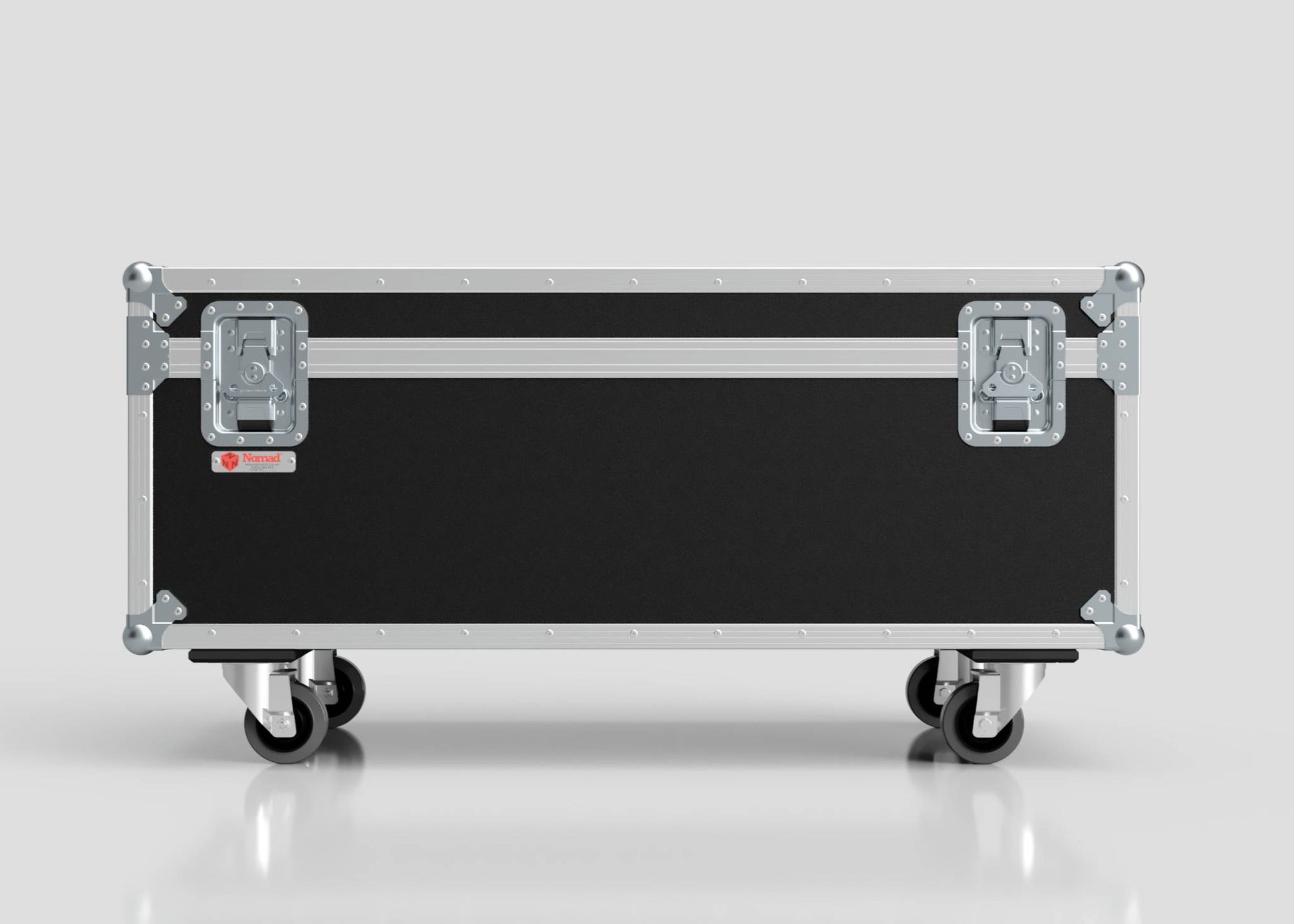 The 8 Way Martin ELP (IP) Par Can Case With Clamps Compartment is a large black and silver equipment case with metal reinforcements, dual latches, four wheels, and external dimensions of 1216 x 595 x 606 mm, shown against a plain gray background.
