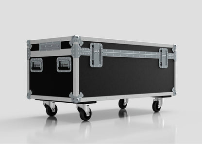 The 8 Way Martin ELP (IP) Par Can Case With Clamps Compartment is a large black and silver case with metal reinforcements and four caster wheels, measuring 1216 x 595 x 606 mm, shown on a white background.