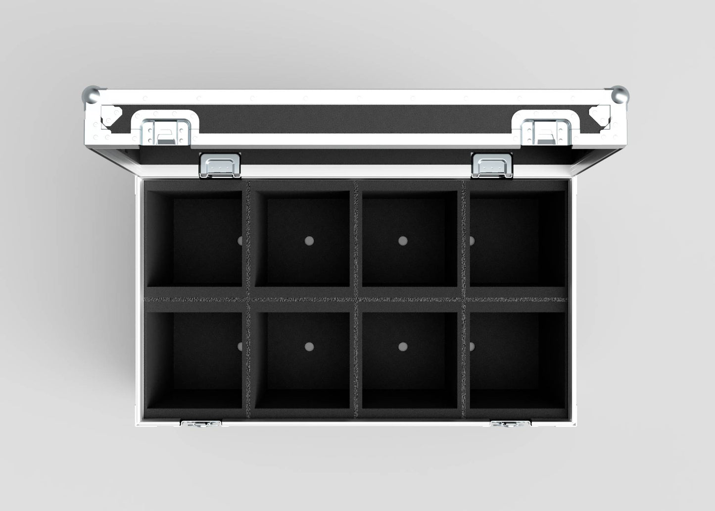 The 8 Way Martin ELP (IP) Par Can Case With Clamps Fitted is a metal storage case with an open lid, eight foam-lined compartments in two rows of four, and external dimensions of 1030 x 595 x 752 mm.