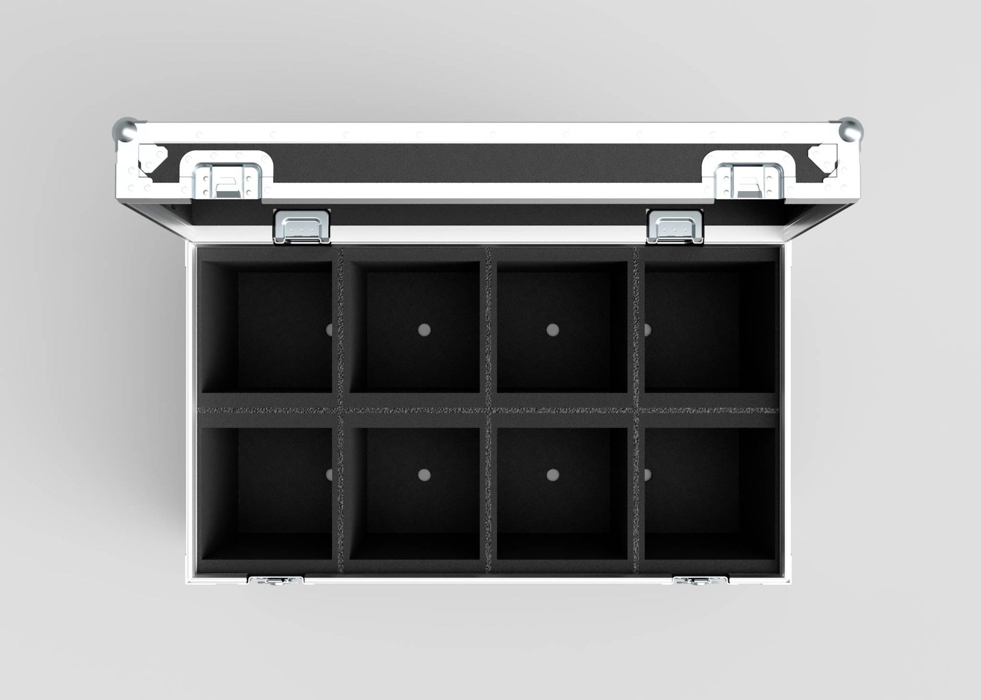 The 8 Way Martin ELP (IP) Par Can Case With Clamps Fitted is a metal storage case with an open lid, eight foam-lined compartments in two rows of four, and external dimensions of 1030 x 595 x 752 mm.