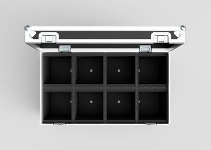 The 8 Way Martin ELP (IP) Par Can Case With Clamps Fitted is a metal storage case with an open lid, eight foam-lined compartments in two rows of four, and external dimensions of 1030 x 595 x 752 mm.