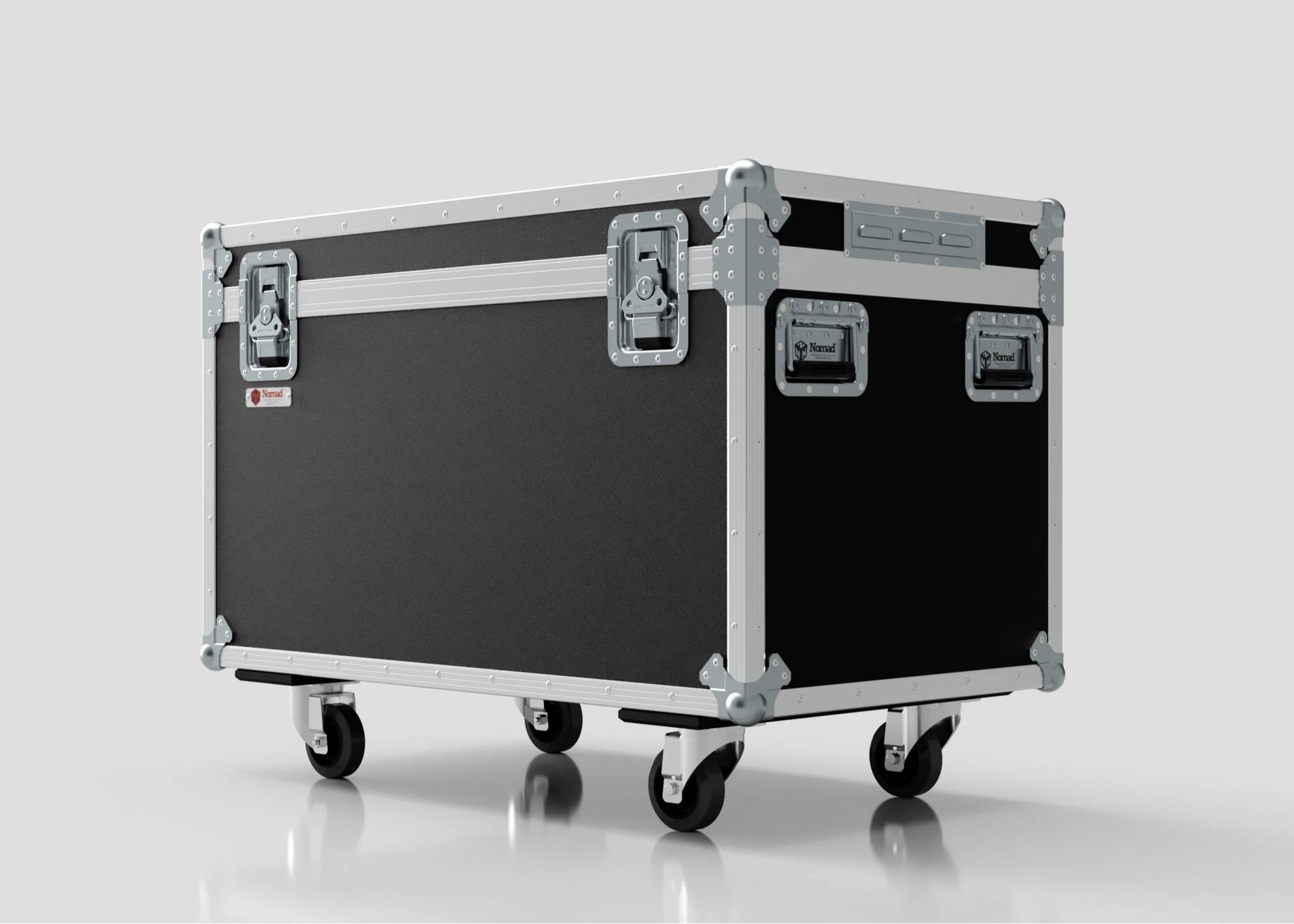 The 8 Way Martin ELP (IP) Par Can Case With Clamps Fitted is a large black road case with metal edges, latches, and four caster wheels, measuring 1030 x 595 x 752 mm, shown against a plain light background.