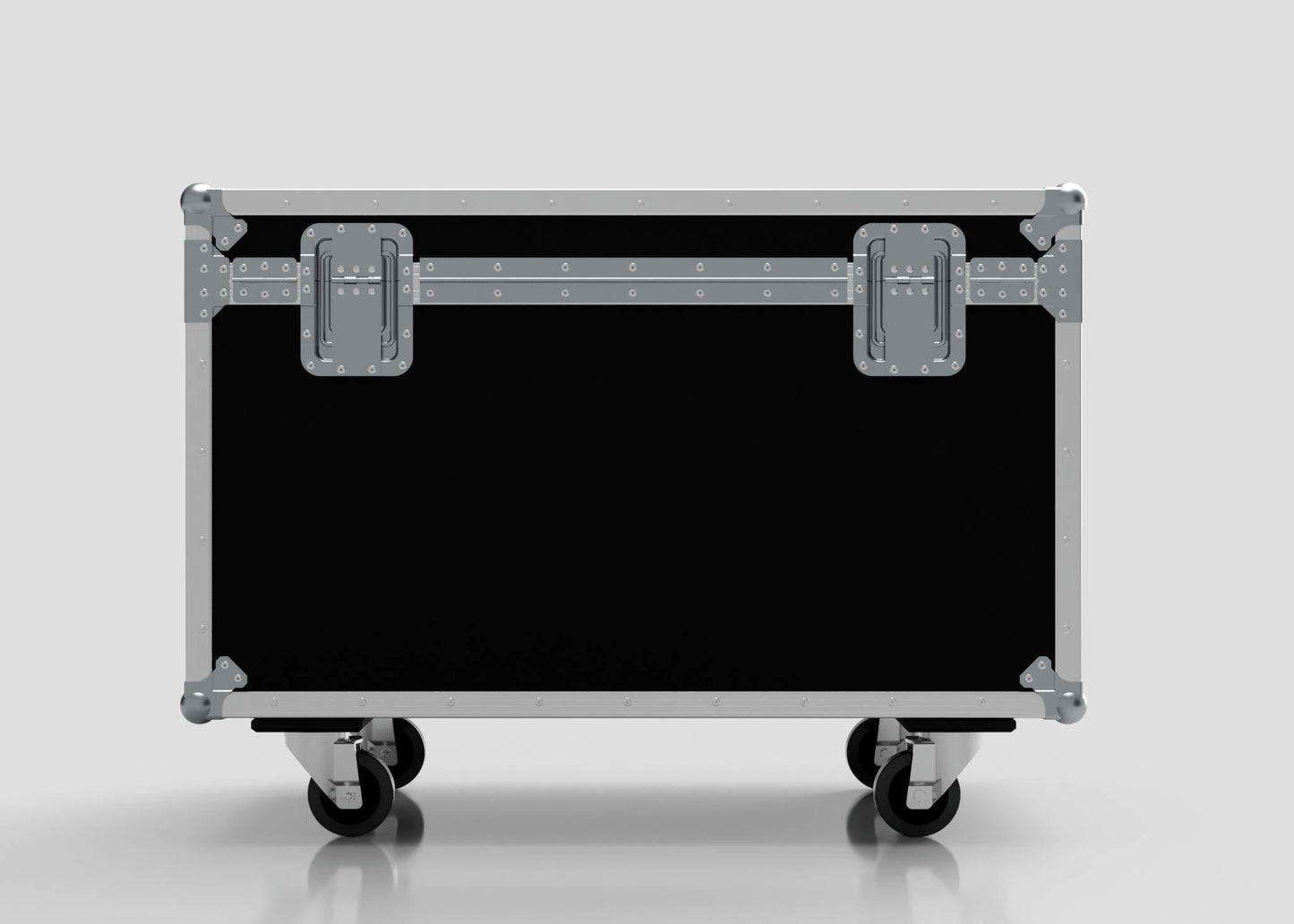 The 8 Way Martin ELP (IP) Par Can Case With Clamps Fitted is a black rectangular flight case with metal reinforcements, caster wheels, and external dimensions of 1030 x 595 x 752 mm, shown against a plain light gray background.