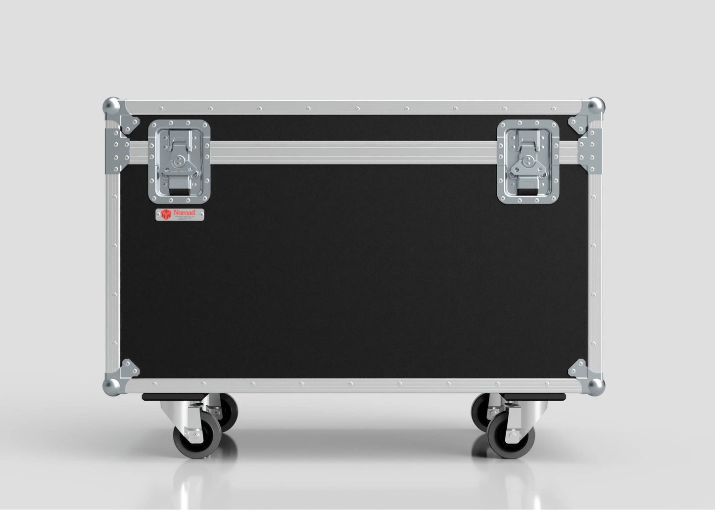 The 8 Way Martin ELP (IP) Par Can Case With Clamps Fitted is a large black equipment case with metal edges, reinforced corners, two latches, and four caster wheels, measuring 1030 x 595 x 752 mm, shown on a plain background.