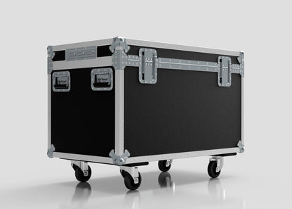 The 8 Way Martin ELP (IP) Par Can Case With Clamps Fitted is a large black road case with metal reinforcements, corner protectors, handles, and latches on four caster wheels. External dimensions: 1030 x 595 x 752 mm.