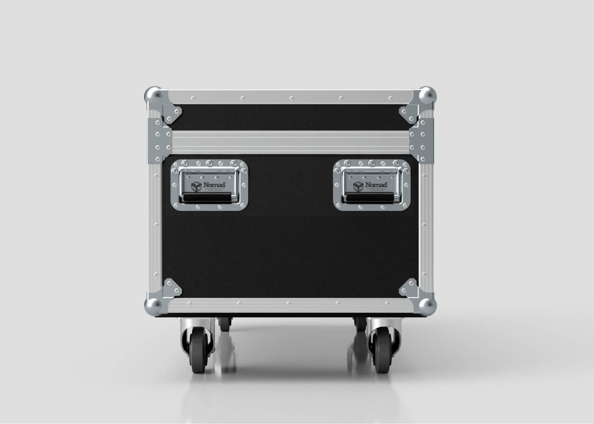 The 8 Way Martin ELP Par Can Case With Clamps Compartment is a black and silver hard case with metal reinforcements and wheels, seen from the front against a plain light background. External dimensions: 1216 x 595 x 606 mm.