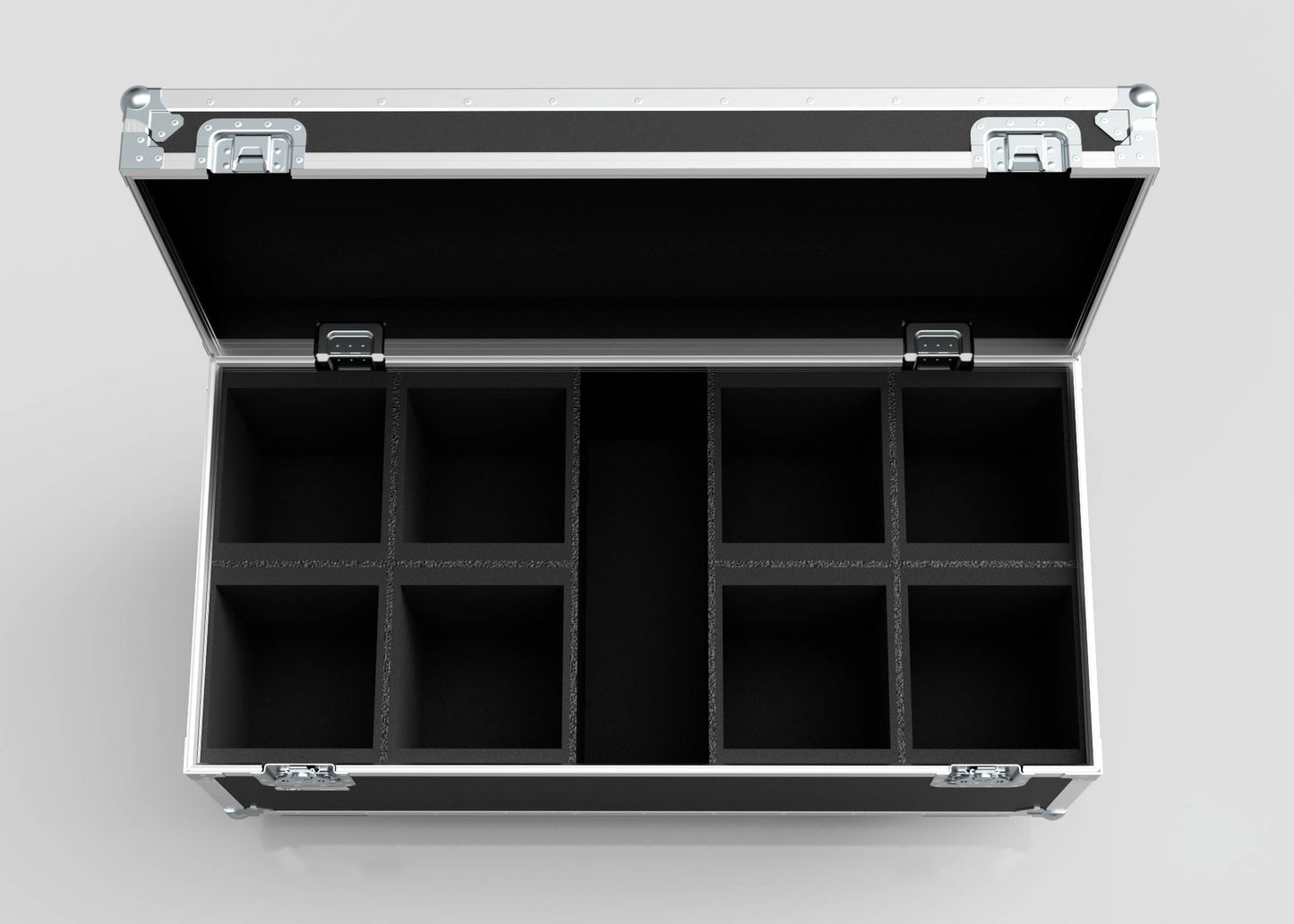 Open the 8 Way Martin ELP Par Can Case With Clamps Compartment, featuring foam dividers for eight sections, metal edges, and latches. External size: 1216 x 595 x 606 mm, shown from above on a neutral background.