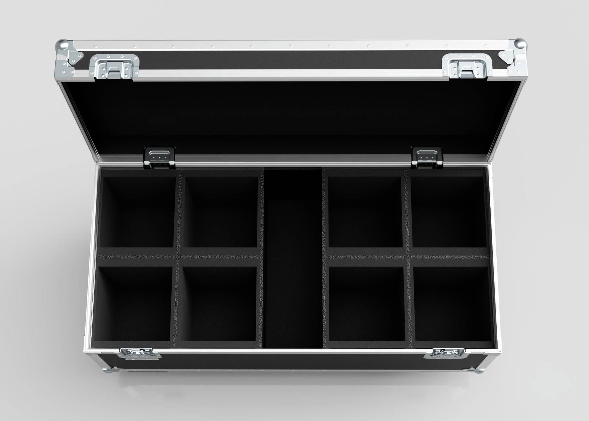 Open the 8 Way Martin ELP Par Can Case With Clamps Compartment, featuring foam dividers for eight sections, metal edges, and latches. External size: 1216 x 595 x 606 mm, shown from above on a neutral background.