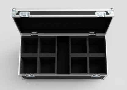 Open the 8 Way Martin ELP Par Can Case With Clamps Compartment, featuring foam dividers for eight sections, metal edges, and latches. External size: 1216 x 595 x 606 mm, shown from above on a neutral background.