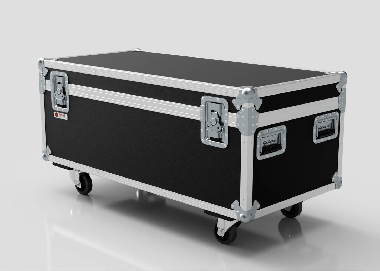 The 8 Way Martin ELP Par Can Case With Clamps Compartment is a large black and silver flight case with metal reinforcements, handles, and four caster wheels, measuring 1216 x 595 x 606 mm, shown on a plain white background.