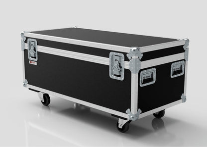 The 8 Way Martin ELP Par Can Case With Clamps Compartment is a large black and silver flight case with metal reinforcements, handles, and four caster wheels, measuring 1216 x 595 x 606 mm, shown on a plain white background.