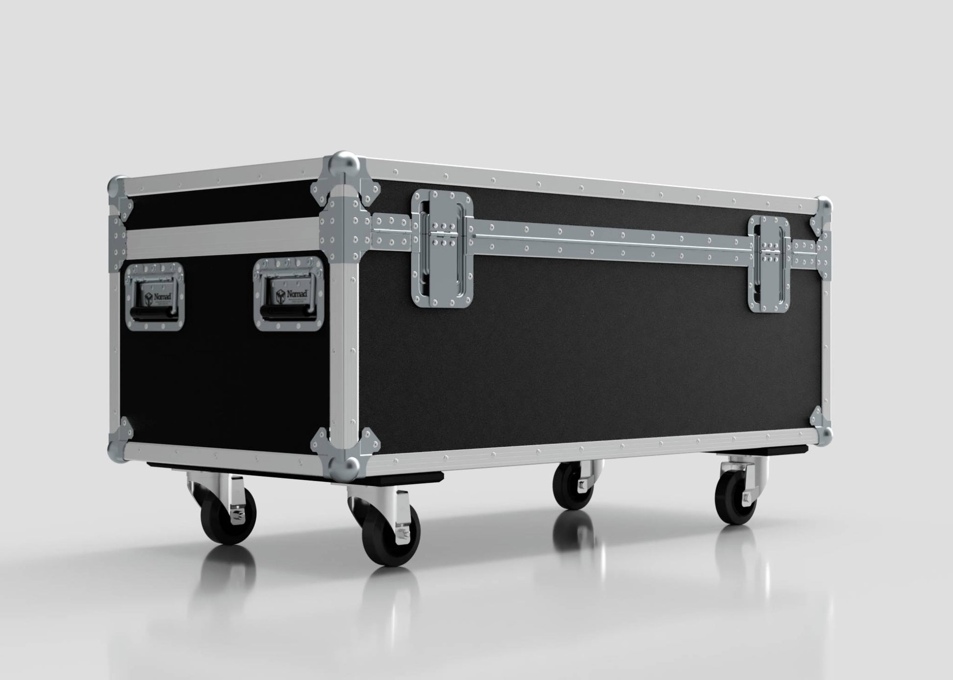 The 8 Way Martin ELP Par Can Case With Clamps Compartment is a large black and silver equipment case with metal reinforcements, handles, and four caster wheels, measuring 1216 x 595 x 606 mm.