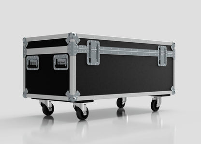 The 8 Way Martin ELP Par Can Case With Clamps Compartment is a large black and silver equipment case with metal reinforcements, handles, and four caster wheels, measuring 1216 x 595 x 606 mm.