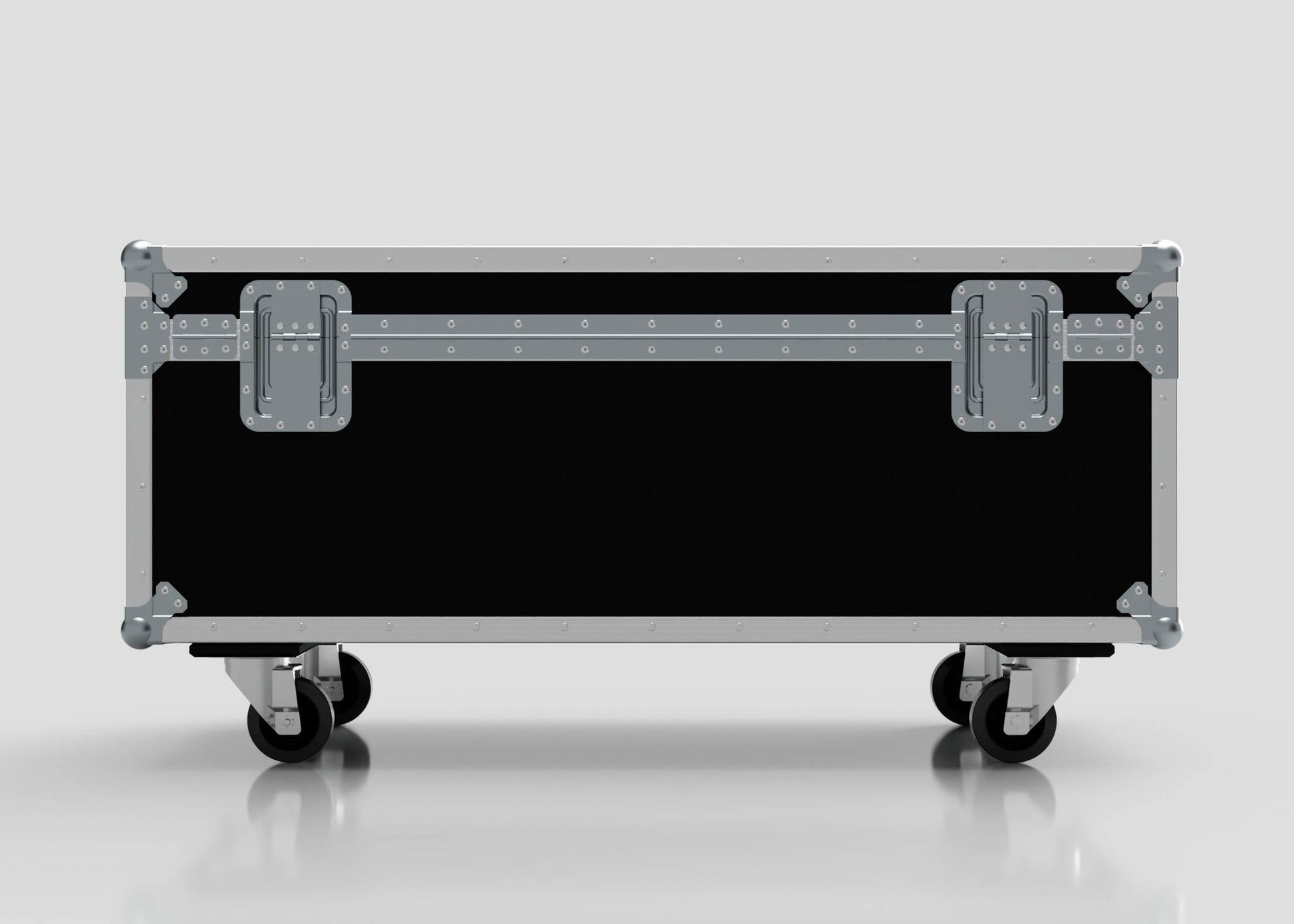 8 Way Martin ELP Par Can Case With Clamps Compartment, black with metal edges and latches, on four caster wheels, external dimensions 1216 x 595 x 606 mm, shown against a plain light background.