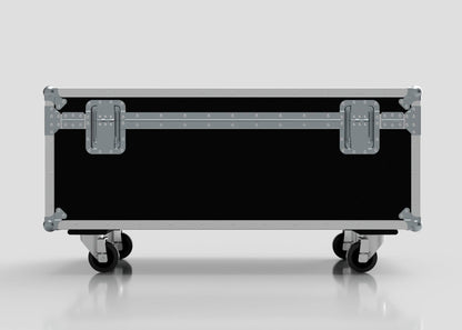 8 Way Martin ELP Par Can Case With Clamps Compartment, black with metal edges and latches, on four caster wheels, external dimensions 1216 x 595 x 606 mm, shown against a plain light background.