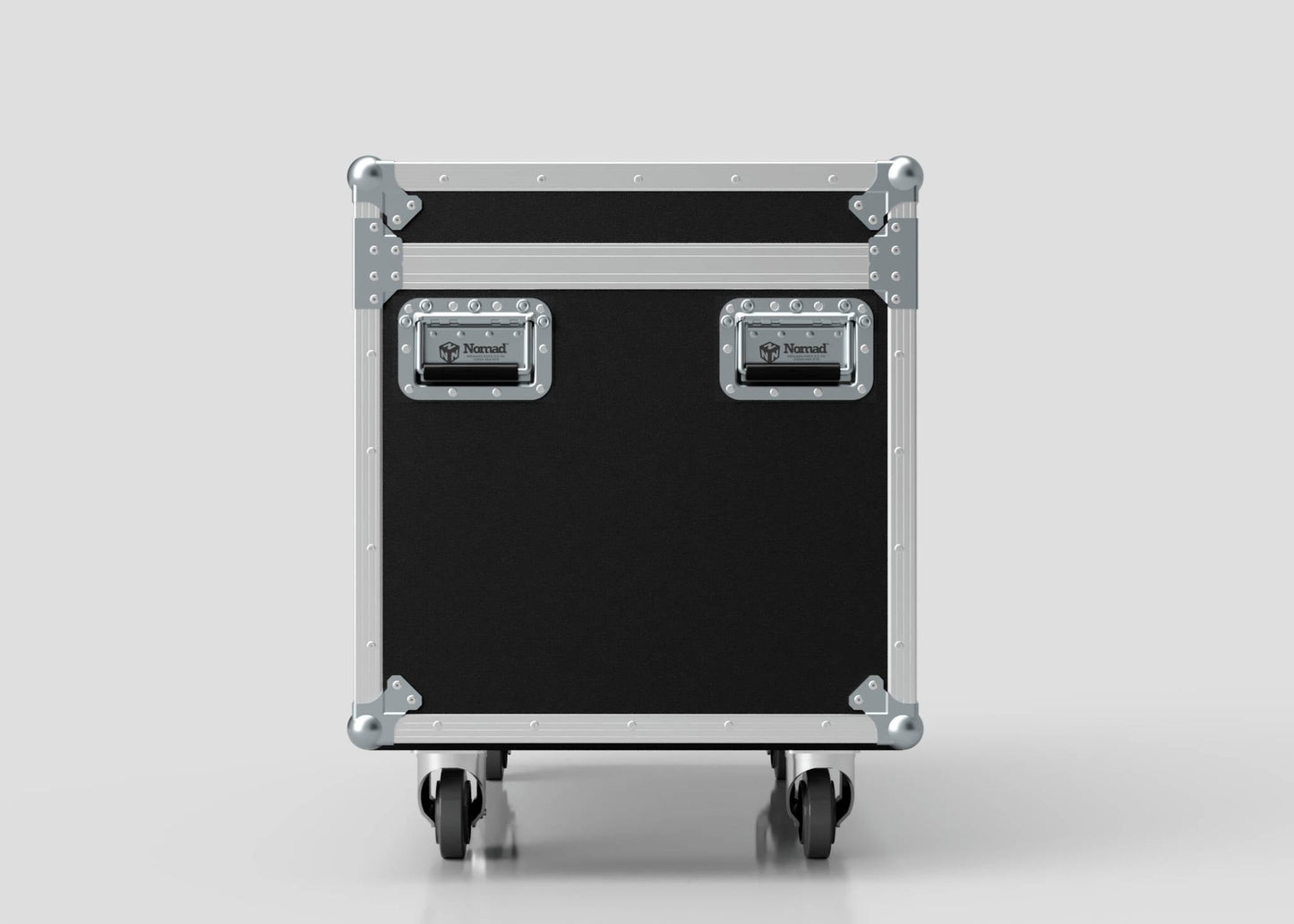 The 8 Way Martin ELP Par Can Case With Clamps Fitted is a black and silver hard case with metal edges, two handles, and wheels, measuring 1030 x 595 x 752 mm, shown upright on a plain light background.