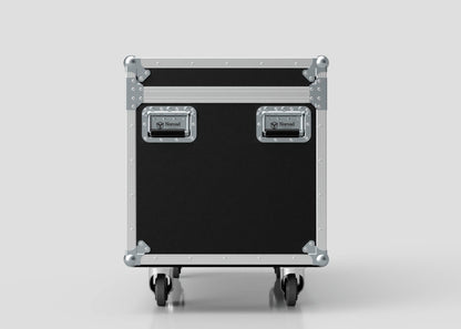 The 8 Way Martin ELP Par Can Case With Clamps Fitted is a black and silver hard case with metal edges, two handles, and wheels, measuring 1030 x 595 x 752 mm, shown upright on a plain light background.