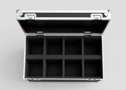 An open 8 Way Martin ELP Par Can Case With Clamps Fitted, black and silver, with eight empty rectangular compartments, seen from above on a light gray background; external dimensions: 1030 x 595 x 752 mm.