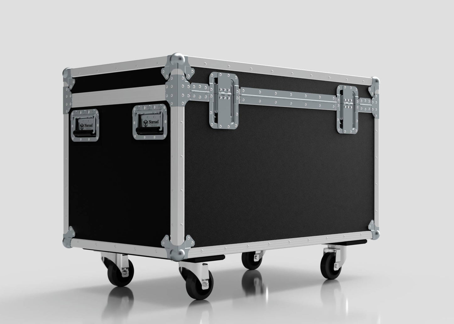 The 8 Way Martin ELP Par Can Case With Clamps Fitted is a large black equipment case with metal reinforcements, handles, and four caster wheels. Its external size of 1030 x 595 x 752 mm makes it ideal for transporting bulky gear.