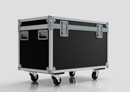 The 8 Way Martin ELP Par Can Case With Clamps Fitted is a large black equipment case with metal reinforcements, handles, and four caster wheels. Its external size of 1030 x 595 x 752 mm makes it ideal for transporting bulky gear.