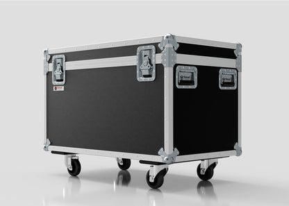 The 8 Way Martin ELP Par Can Case With Clamps Fitted, featuring black and silver metal edges and four wheels, is shown against a white background. Its external dimensions are 1030 x 595 x 752 mm.