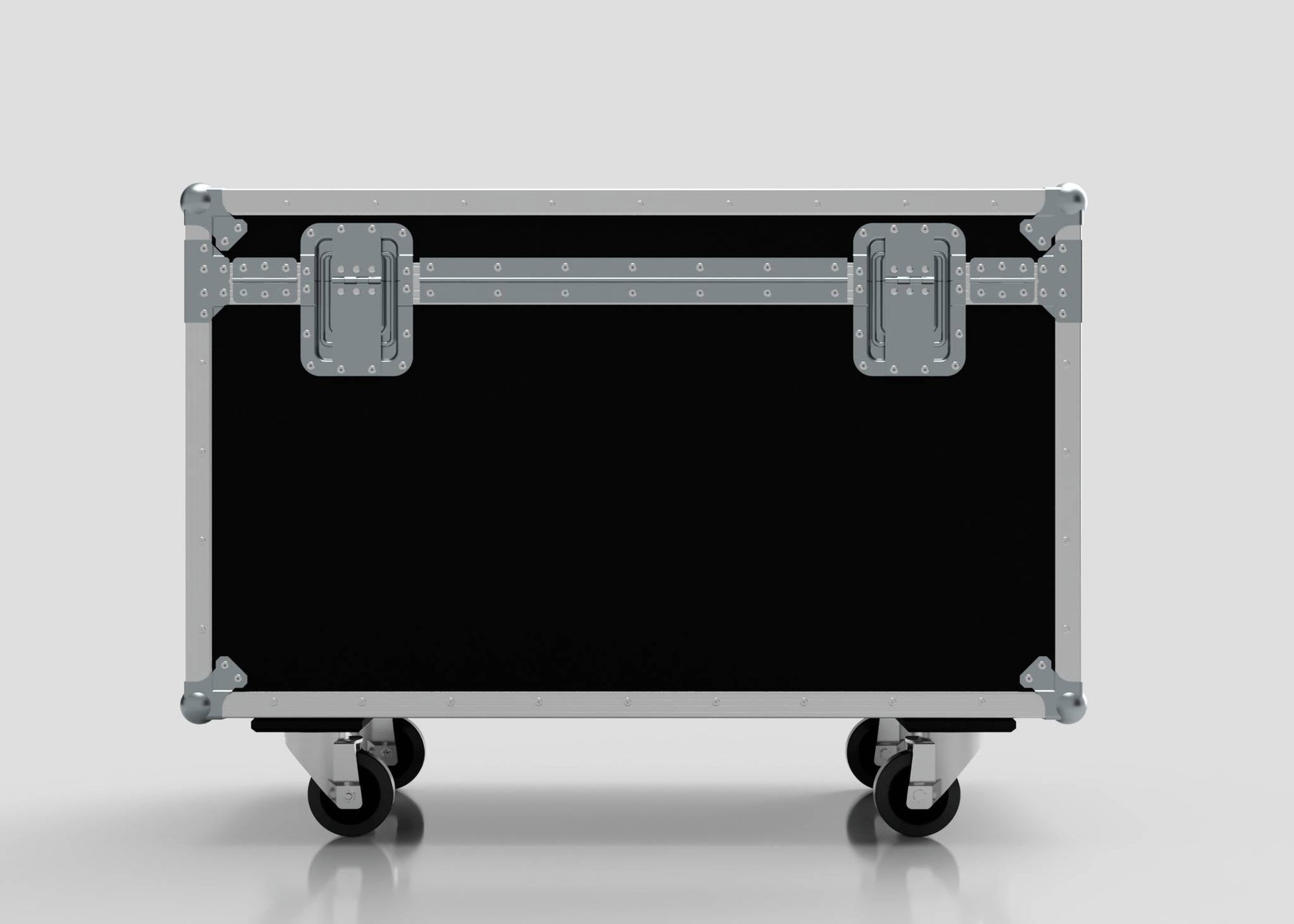 The 8 Way Martin ELP Par Can Case With Clamps Fitted, a large black road case with metal corners and latches on four caster wheels, is shown against a plain light gray background. External dimensions: 1030 x 595 x 752 mm.
