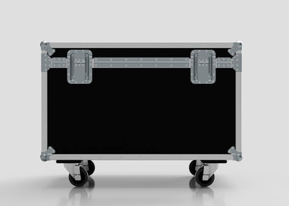 The 8 Way Martin ELP Par Can Case With Clamps Fitted, a large black road case with metal corners and latches on four caster wheels, is shown against a plain light gray background. External dimensions: 1030 x 595 x 752 mm.