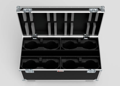 The 8 Way Martin Mac One Case is a black hard case with an open lid, foam-padded compartments for secure transport of eight round objects, and external dimensions of 1231 x 600 x 674 mm.