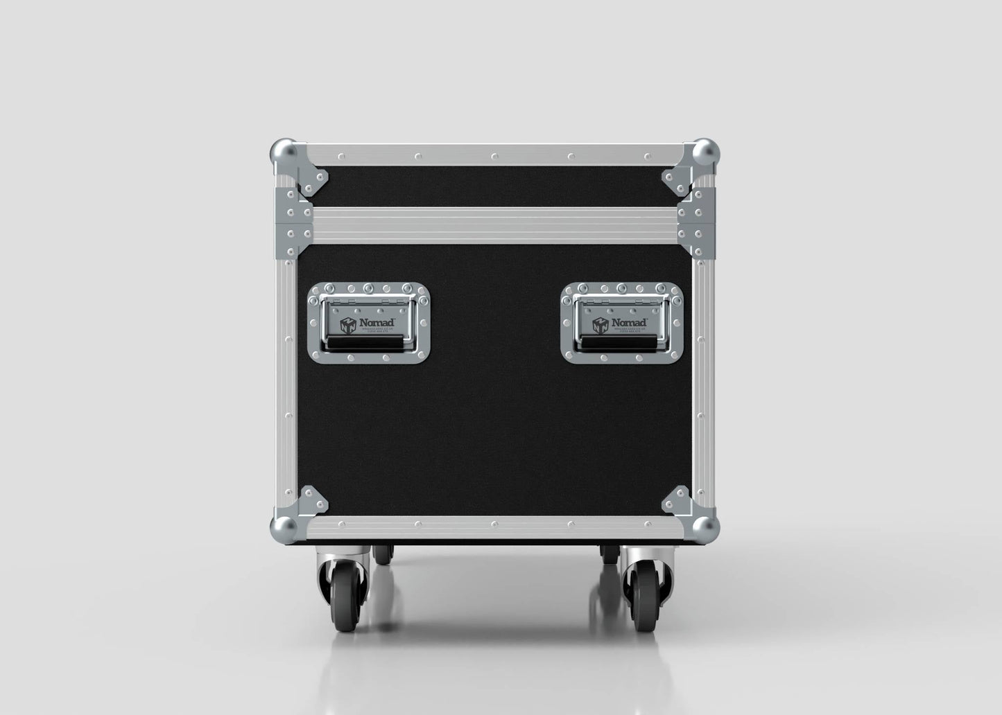 The 8 Way Martin Mac One Case is a black and silver rolling equipment case with reinforced corners, two metal handles, and external dimensions of 1231 x 600 x 674 mm, shown against a plain light background.