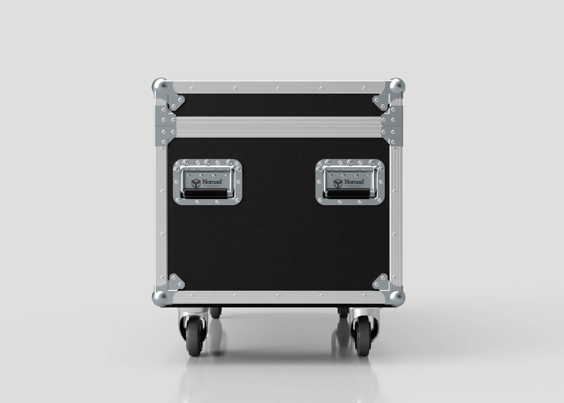 The 8 Way Martin Mac One Case is a black and silver rolling equipment case with reinforced corners, two metal handles, and external dimensions of 1231 x 600 x 674 mm, shown against a plain light background.