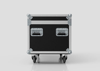 The 8 Way Martin Mac One Case is a black and silver rolling equipment case with reinforced corners, two metal handles, and external dimensions of 1231 x 600 x 674 mm, shown against a plain light background.