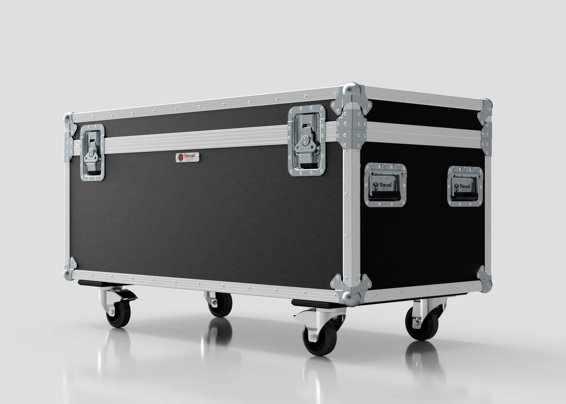 The 8 Way Martin Mac One Case is a large black road case with metal edges, handles, and four wheels for transport. It measures 1231 x 600 x 674 mm and is shown against a plain light background.