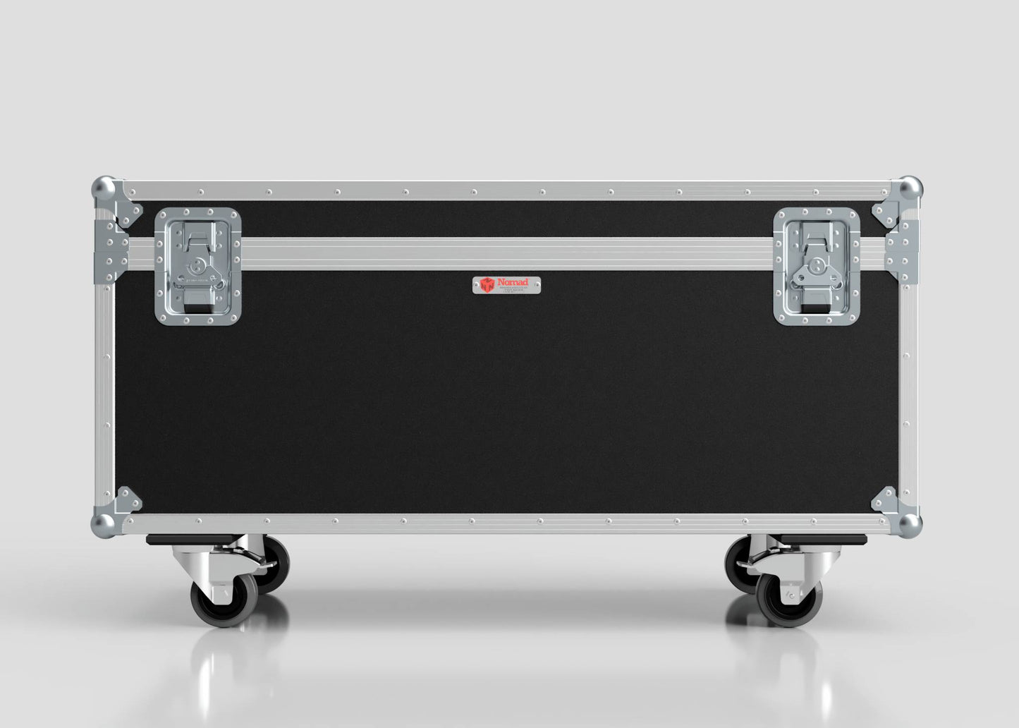 The 8 Way Martin Mac One Case is a large black and silver hard case with metal reinforcements and latches, set on four caster wheels, and measures 1231 x 600 x 674 mm, shown against a plain light background.